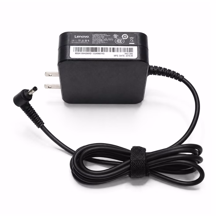 lenovo-adapter-20v-325a-65w-40x17mm-2 อะแดปเตอร์ชาร์จโน้ตบุ๊ก Lenovo 20V 65W แสดงป้ายฉลากสเปกข้อมูล ขาปลั๊กไฟ และสาย DC พร้อมหัวแจ็คทรงงอ