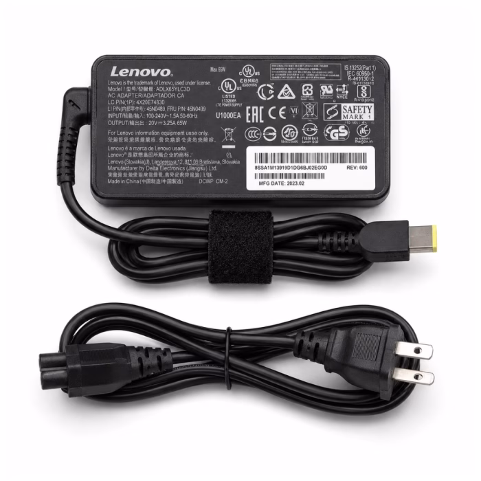 อะแดปเตอร์ชาร์จโน้ตบุ๊ก Lenovo 20V 3.25A 65W หัวทรงเหลี่ยม (Slim Tip) พร้อมสายปลั๊กไฟ AC และฉลากสเปก