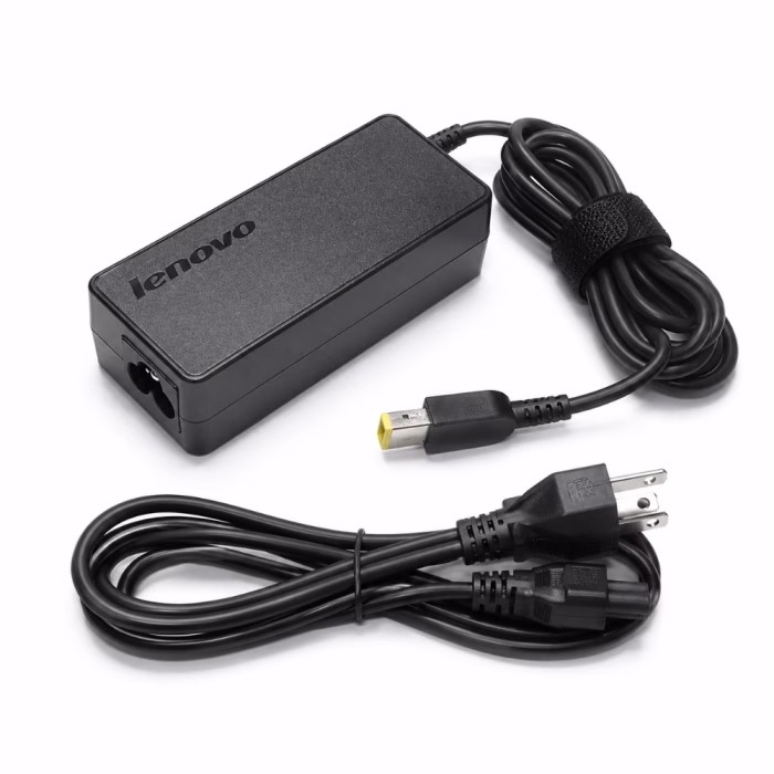 อะแดปเตอร์ชาร์จโน้ตบุ๊ก Lenovo 20V 65W หัวชาร์จทรงสี่เหลี่ยม Slim Tip วางคู่กับสายไฟ AC และช่องเสียบสายไฟด้านข้าง