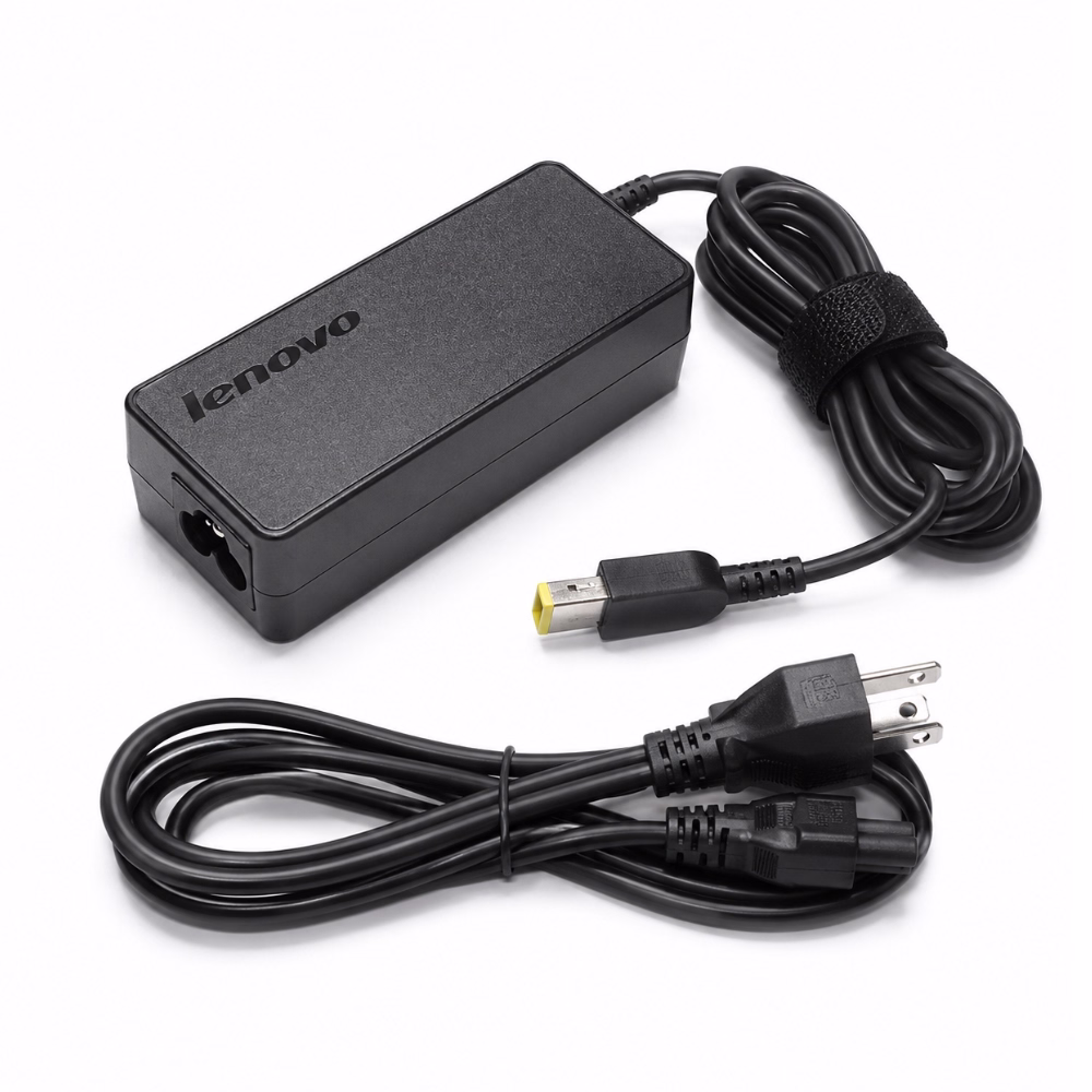อะแดปเตอร์ชาร์จโน้ตบุ๊ก Lenovo 20V 65W หัวชาร์จทรงสี่เหลี่ยม Slim Tip วางคู่กับสายไฟ AC และช่องเสียบสายไฟด้านข้าง