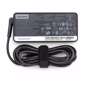 อะแดปเตอร์ชาร์จโน้ตบุ๊ก Lenovo USB Type-C 65W แสดงป้ายฉลากสเปกและสาย Type-C ม้วนเก็บด้วยตีนตุ๊กแก