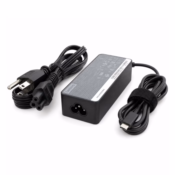 lenovo-adapter-usb-type-c-65w-4 ชุดอะแดปเตอร์ชาร์จ Lenovo USB Type-C 65W วางจัดระเบียบพร้อมสาย AC แบบมีสายดินและสาย Type-C บนพื้นหลังสีขาว