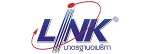 โลโก้แบรนด์ระบบสายสัญญาณเน็ตเวิร์ก LINK ด้านบนเป็นตัวอักษรภาษาอังกฤษสีน้ำเงินขอบขาว ตัวอักษร I มีลักษณะเป็นเส้นแนวตั้ง 4 เส้นตัดกัน ด้านหลังมีสัญลักษณ์รูปแคปซูลและลูกศรสีแดงหมุนโอบรอบตัวอักษร ด้านล่างระบุข้อความสีน้ำเงินเขียนว่า American Standard