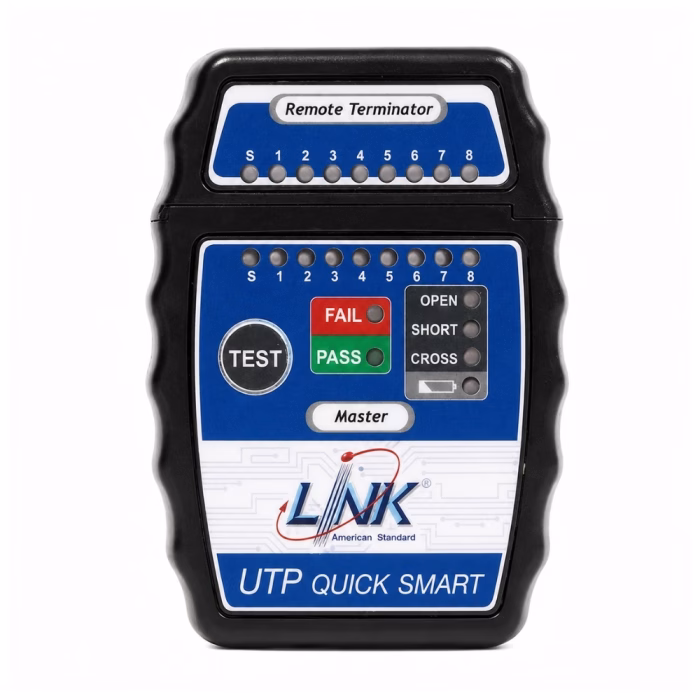 link-cable-tester-tx1302a-2 เครื่องเช็คสายแลน LINK TX-1302A หน้าตรง แสดงไฟสถานะ LED ปุ่ม TEST และตัวรับสัญญาณ Remote Terminator