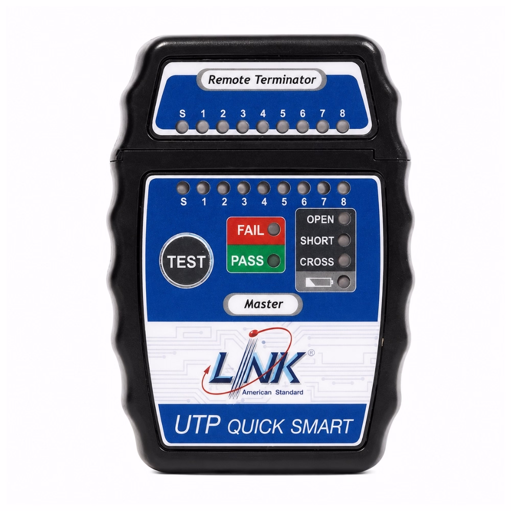 เครื่องเช็คสายแลน LINK TX-1302A หน้าตรง แสดงไฟสถานะ LED ปุ่ม TEST และตัวรับสัญญาณ Remote Terminator