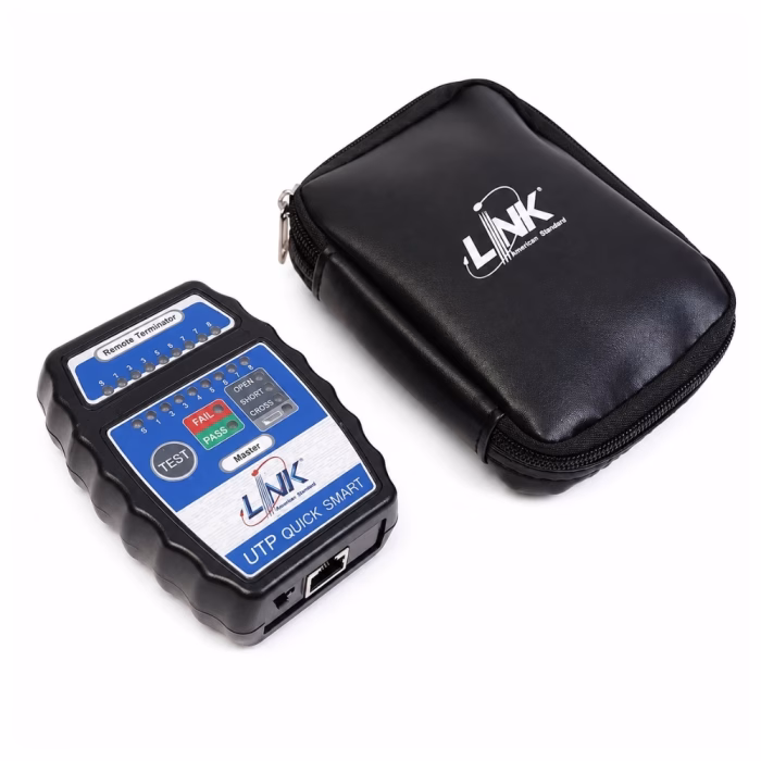 link-cable-tester-tx1302a-3 เครื่องทดสอบสายแลน LINK TX-1302A สีดำ วางคู่กับกระเป๋าซองหนังแบบมีซิป สกรีนโลโก้ LINK