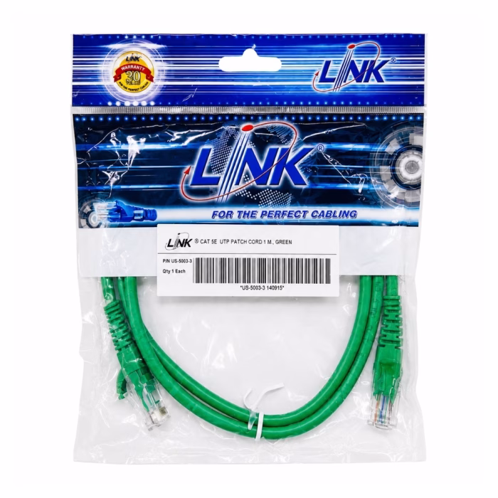 ซองบรรจุภัณฑ์สายแลนสำเร็จรูป LINK CAT5e ยาว 1 เมตร สีเขียว รุ่น US-5003-3