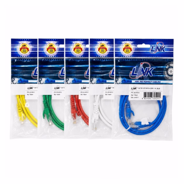 สายแลนสำเร็จรูป LINK CAT5e หลากสีในซองบรรจุภัณฑ์ มีทั้งสีเหลือง สีเขียว สีแดง สีขาว และสีน้ำเงิน