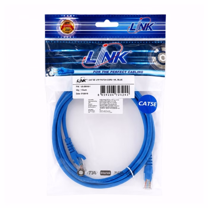 link-cat5e-2m-blue-1 ซองบรรจุภัณฑ์สายแลนสำเร็จรูป LINK CAT5e ยาว 2 เมตร สีน้ำเงิน รุ่น US-5006-4 พร้อมสติกเกอร์รับประกัน 30 ปี