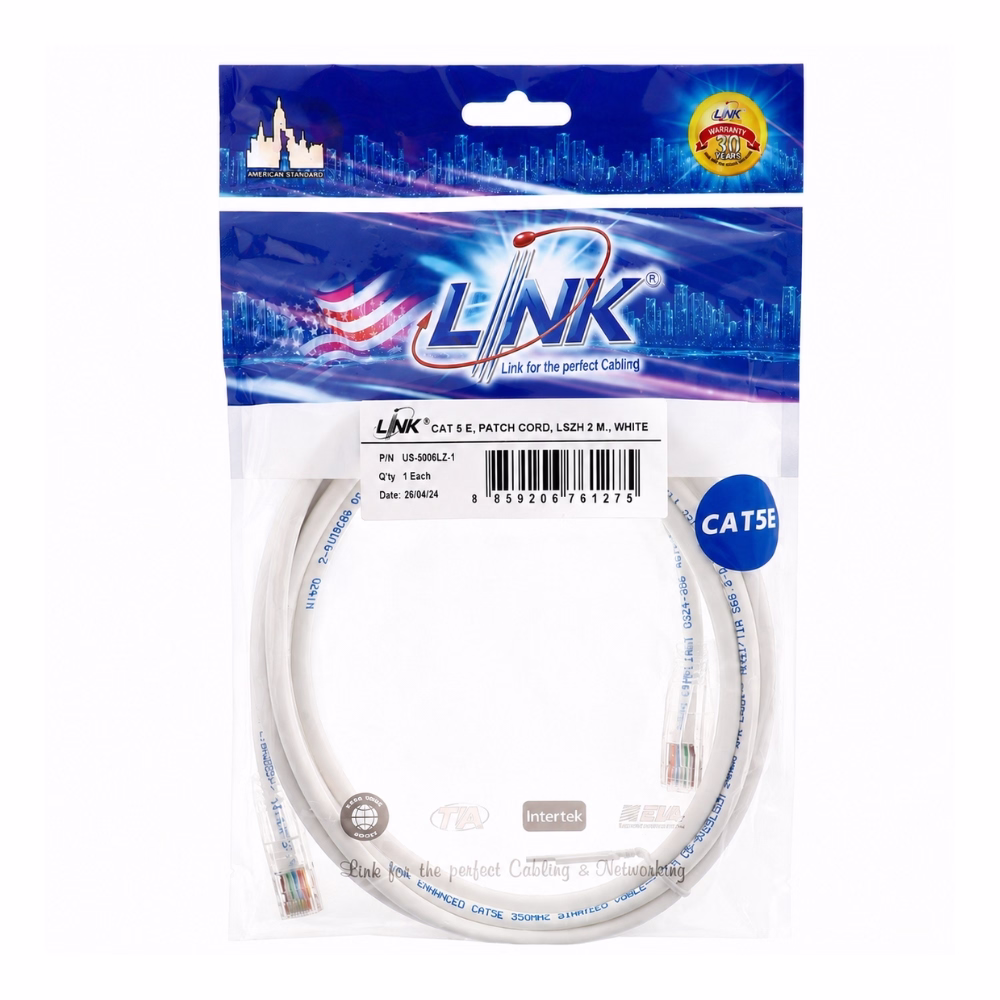link-cat5e-2m-white-1 ซองบรรจุภัณฑ์สายแลนสำเร็จรูป LINK CAT5e ยาว 2 เมตร สีขาว รุ่น US-5006-1 พร้อมสติกเกอร์รับประกัน 30 ปี