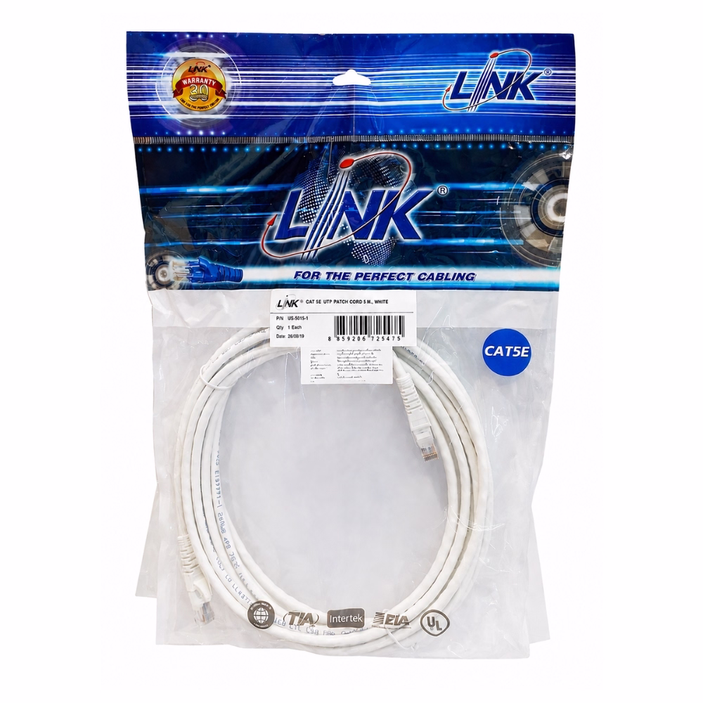 link-cat5e-5m-white-1 ซองบรรจุภัณฑ์สายแลนสำเร็จรูป LINK CAT5e ยาว 5 เมตร สีขาว รุ่น US-5015LZ-1 พร้อมสติกเกอร์รับประกัน 30 ปี