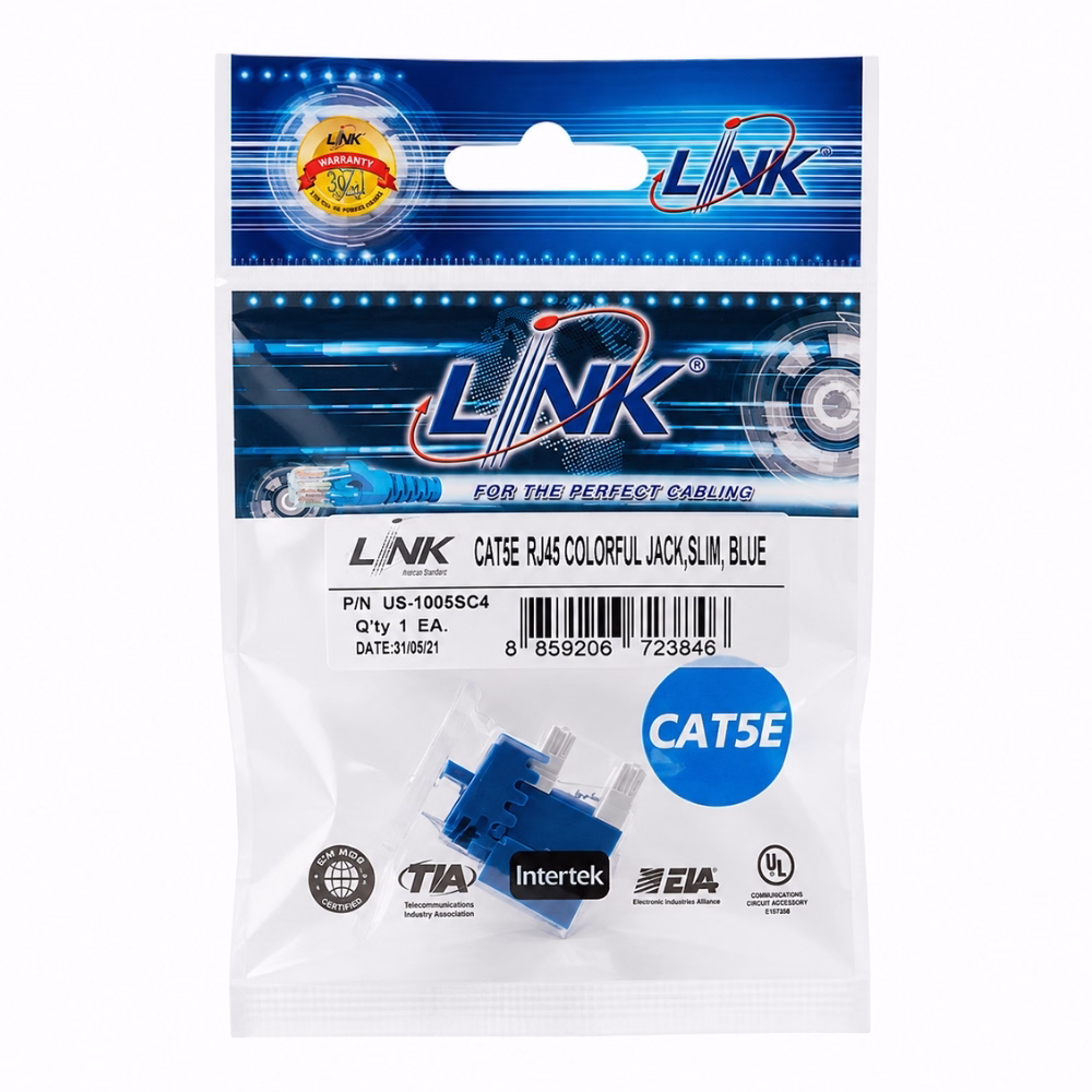 link-cat5e-modular-jack-blue-us1005sc4-1 ซองบรรจุภัณฑ์เต้ารับสายแลน LINK CAT5e ตัวเมีย ทรงสลิม สีน้ำเงิน รุ่น US-1005SC4