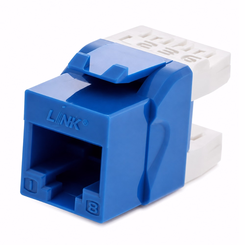 ด้านหน้าเต้ารับสายแลนตัวเมีย LINK CAT5e ทรงสลิม สีน้ำเงิน แสดงพอร์ตเสียบ RJ45 โลโก้ LINK และขาล็อคหน้ากาก