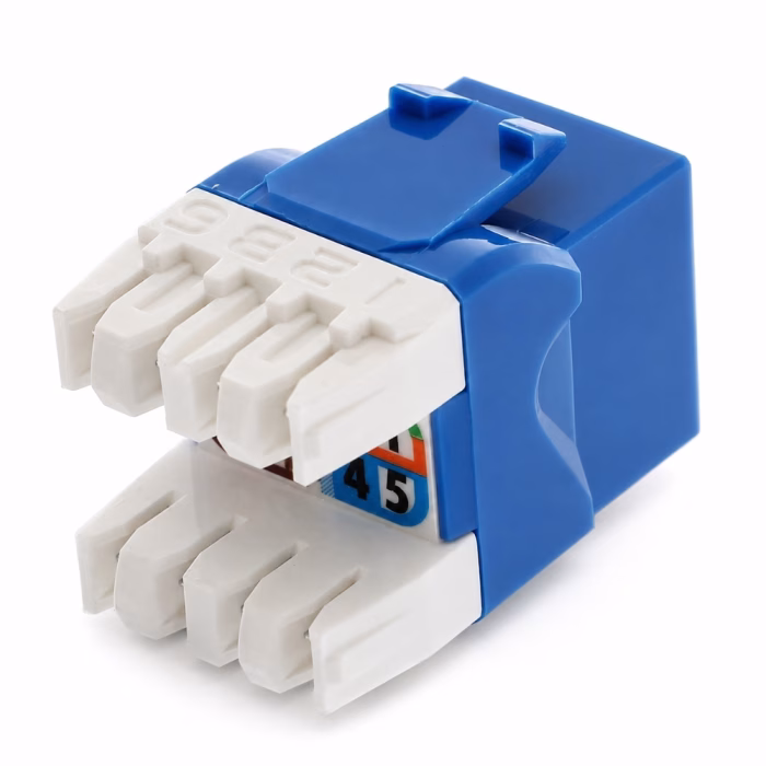 link-cat5e-modular-jack-blue-us1005sc4-3 ด้านหลังเต้ารับสายแลน LINK CAT5e US-1005SC4 สีน้ำเงิน แสดงช่องเข้าสาย IDC และแถบโค้ดสีระบุลำดับสายมาตรฐาน