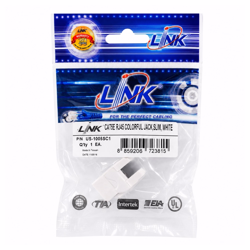 link-cat5e-modular-jack-us1005sc1-1 ซองบรรจุภัณฑ์เต้ารับสายแลน LINK CAT5e ตัวเมีย ทรงสลิม สีขาว รุ่น US-1005SC1