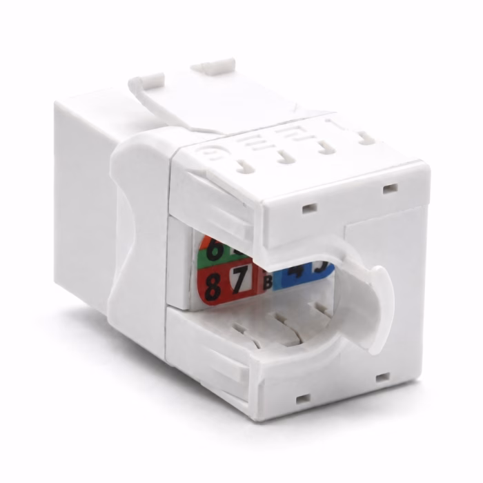 ด้านหลังเต้ารับสายแลน LINK CAT5e US-1005SC1 แสดงแถบโค้ดสีระบุลำดับการเข้าสายมาตรฐาน T568A และ T568B