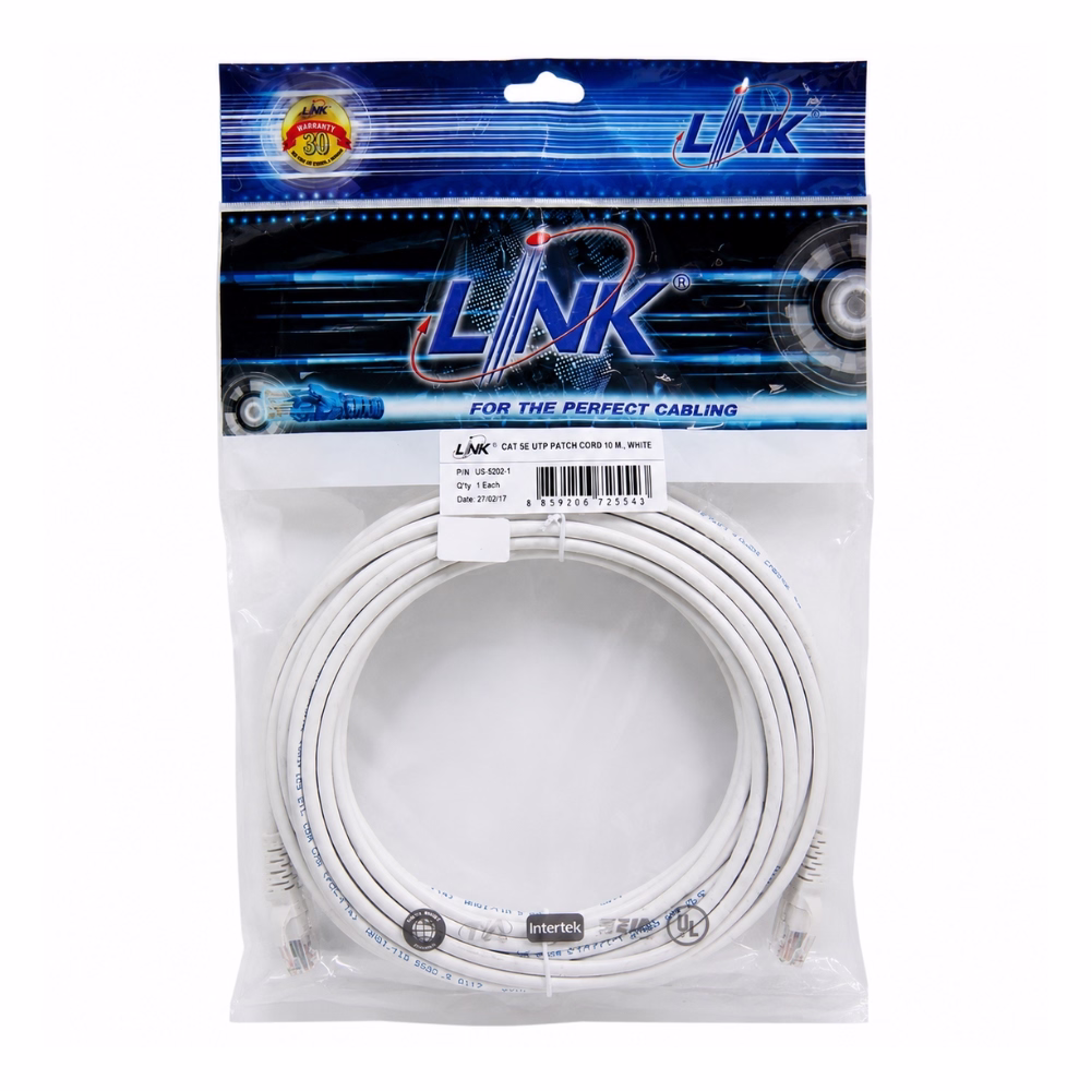 link-cat5e-patch-cord-10m-white-1 สายแลนสำเร็จรูป LINK CAT5e สีขาว ความยาว 10 เมตร ม้วนขดกลมพร้อมหัว RJ45 ทั้งสองด้าน