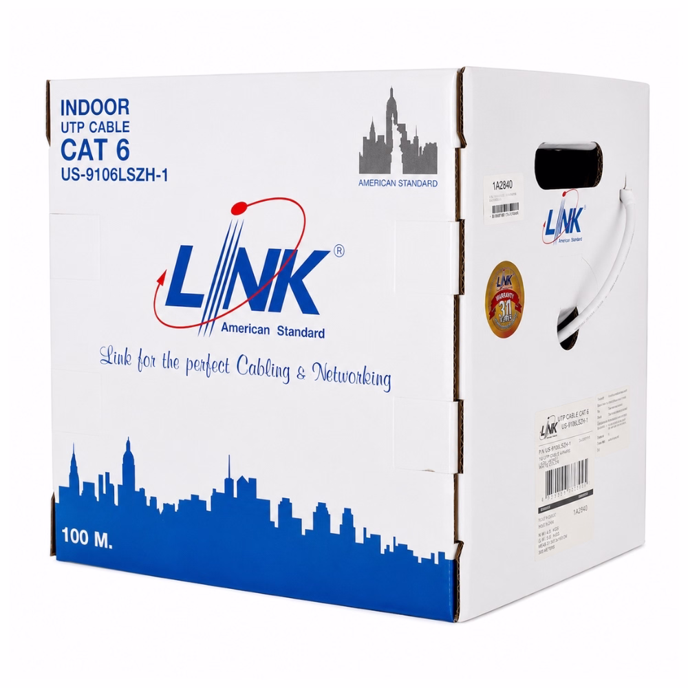 link-cat6-100m-lszh-white-1 กล่องสายแลนภายใน LINK CAT6 ไม่ลามไฟ ยาว 100 เมตร สีขาว รุ่น US-9106LSZH-1 มีช่องดึงสาย