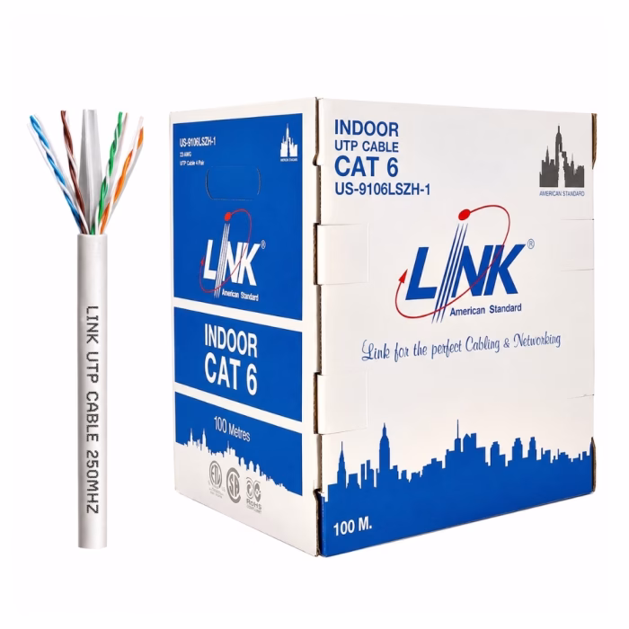 link-cat6-100m-lszh-white-2 กล่องสายแลน LINK CAT6 LSZH สีขาว 100 เมตร พร้อมโครงสร้างภายในแสดงสายทองแดง 4 คู่ และแกนกลางกากบาท