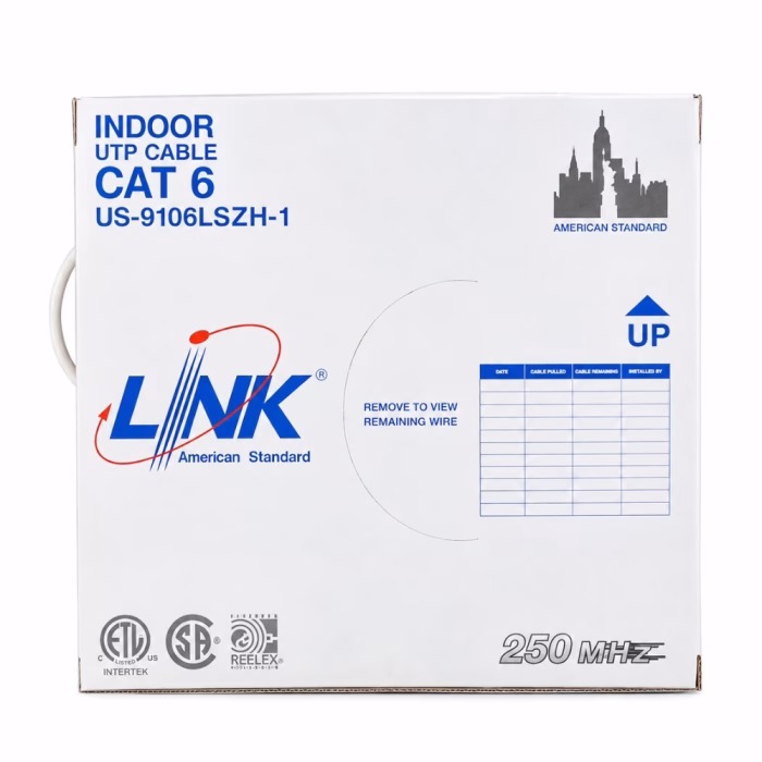 link-cat6-100m-lszh-white-3 ด้านหน้ากล่องสายแลนภายใน LINK CAT6 US-9106LSZH-1 250 MHz แสดงตารางบันทึกระยะสายและมาตรฐานรับรองสากล