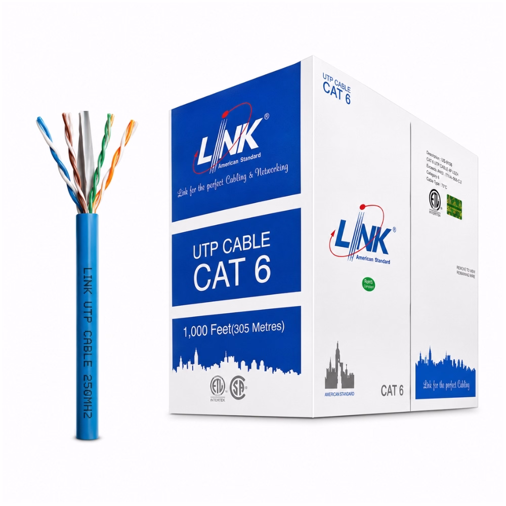 link-cat6-305m-blue-us9106a-1 กล่องสายแลนภายใน LINK CAT6 ยาว 305 เมตร สีฟ้า รุ่น US-9106A วางคู่กับปลายสายแลนปอกเปลือกแสดงแกนกลาง