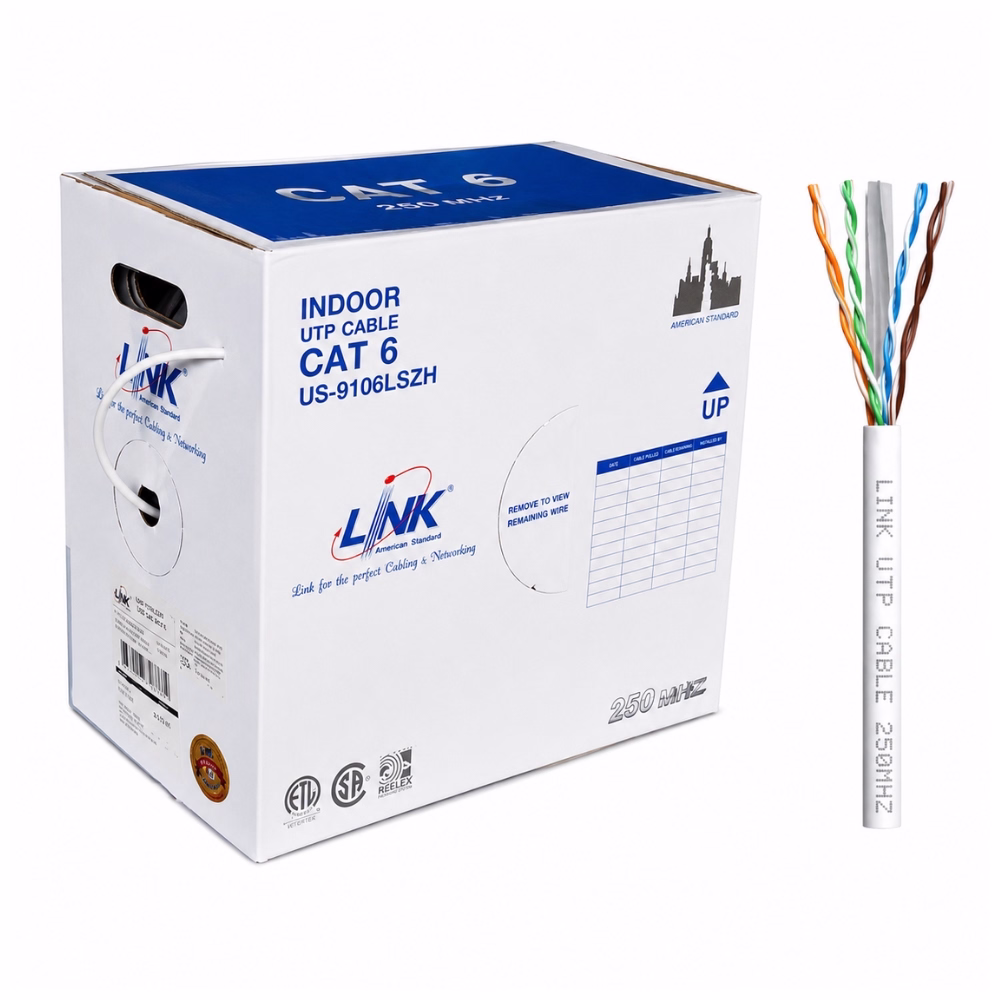 link-cat6-305m-lszh-white-1 กล่องสายแลนภายใน LINK CAT6 ไม่ลามไฟ ยาว 305 เมตร สีขาว รุ่น US-9106LSZH วางคู่กับปลายสายแลนปอกเปลือกแสดงโครงสร้างภายใน