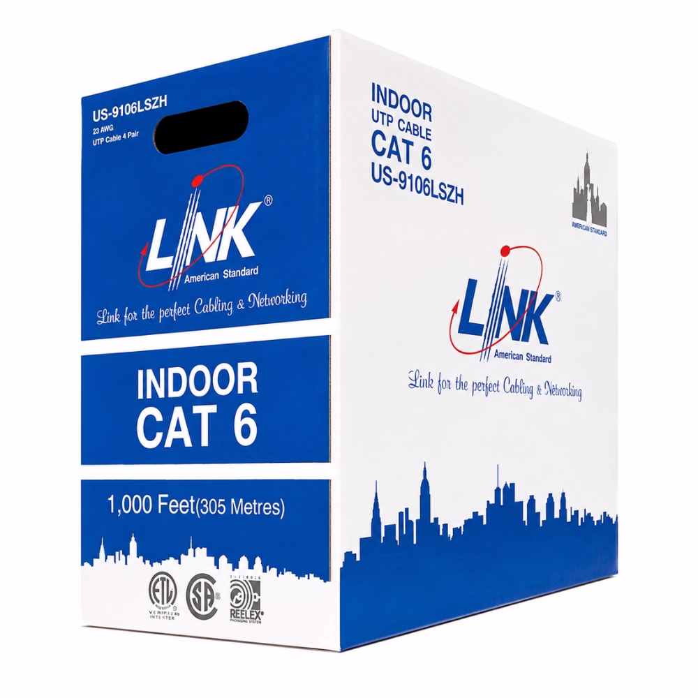 กล่องบรรจุภัณฑ์สายแลนภายใน LINK CAT6 US-9106LSZH ความยาว 1000 ฟุต 305 เมตร สีขาวแถบน้ำเงิน