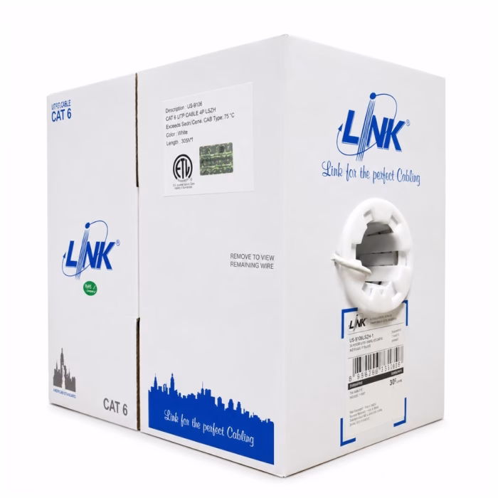 ด้านข้างกล่องสายแลน LINK CAT6 LSZH 305 เมตร แสดงช่องจ่ายสายและสติกเกอร์โฮโลแกรมของแท้