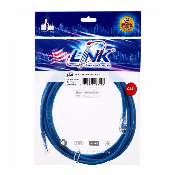 ซองบรรจุภัณฑ์สายแลนสำเร็จรูป LINK CAT6 ยาว 3 เมตร สีน้ำเงิน รุ่น US-5103-4