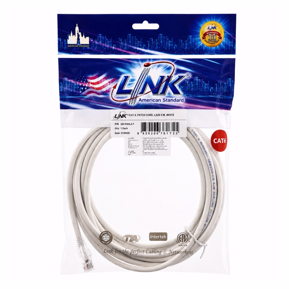 link-cat6-5m-white-1 ซองบรรจุภัณฑ์สายแลนสำเร็จรูป LINK CAT6 ยาว 5 เมตร สีขาว รุ่น US-5105-1 พร้อมสติกเกอร์รับประกัน 30 ปี