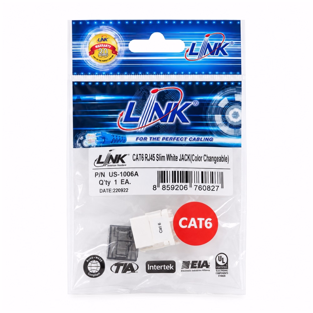 link-cat6-modular-jack-us1006a-1 ซองบรรจุภัณฑ์เต้ารับสายแลน LINK CAT6 ตัวเมีย ทรงสลิม สีขาว รุ่น US-1006A