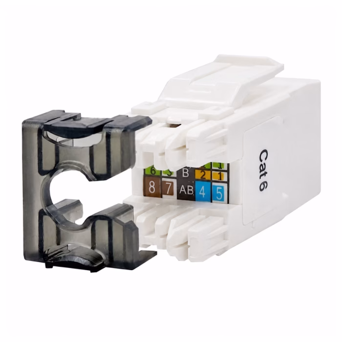 link-cat6-modular-jack-us1006a-2 เต้ารับสายแลน LINK CAT6 ตัวเมีย ทรงสลิม สีขาว ด้านข้างระบุ Cat 6 วางคู่กับฝาครอบล็อคสายสีชา
