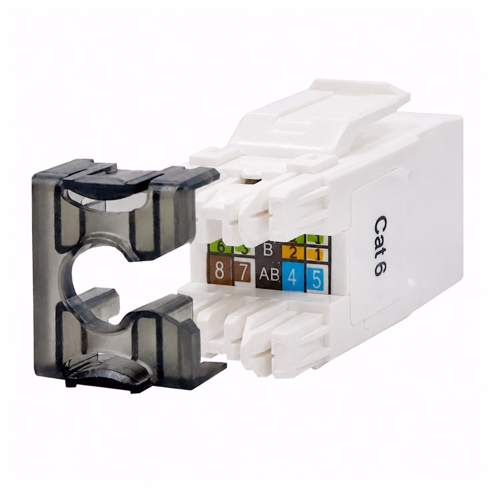 เต้ารับสายแลน LINK CAT6 ตัวเมีย ทรงสลิม สีขาว ด้านข้างระบุ Cat 6 วางคู่กับฝาครอบล็อคสายสีชา