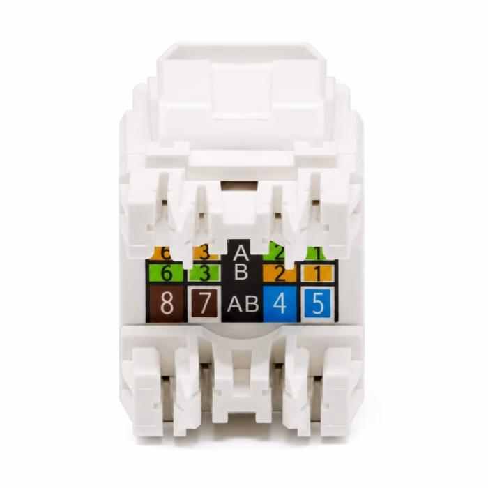link-cat6-modular-jack-us1006a-3 ด้านหลังเต้ารับสายแลน LINK CAT6 US-1006A แสดงขั้วต่อสาย IDC และแถบโค้ดสีระบุลำดับสายมาตรฐาน A และ B