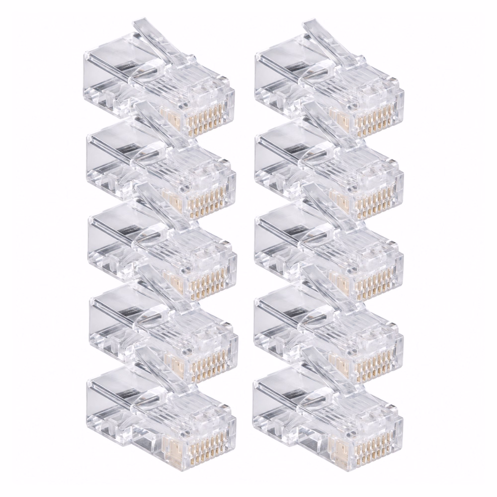 หัวต่อสายแลน RJ45 LINK CAT5e แบบใส จำนวน 10 ชิ้น เรียงจัดเซ็ตอย่างเป็นระเบียบ