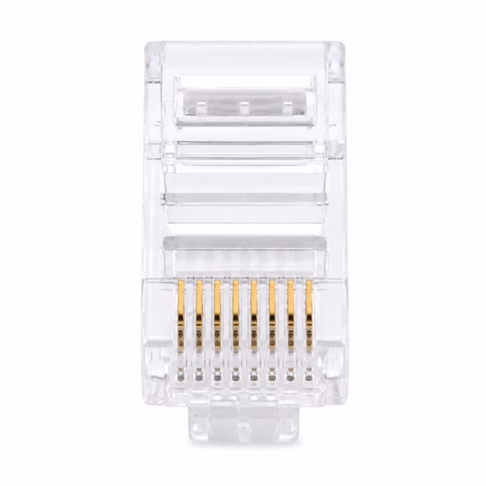 link-rj45-plug-cat5e-us1001-10pack-3 หัวต่อสายแลน RJ45 LINK CAT5e ระยะใกล้จากมุมบน แสดงหน้าสัมผัสทองแดงเคลือบทอง 8 พิน