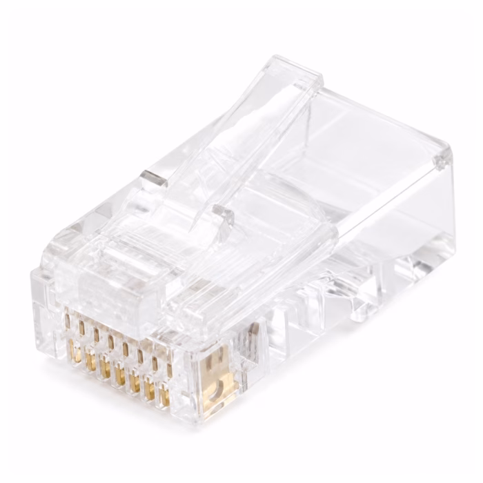 link-rj45-plug-cat5e-us1001-10pack-4 หัวต่อสายแลนตัวผู้ RJ45 LINK CAT5e มุมมองสามมิติ แสดงตัวบอดี้ใส สลักล็อค และขั้วต่อสัมผัส