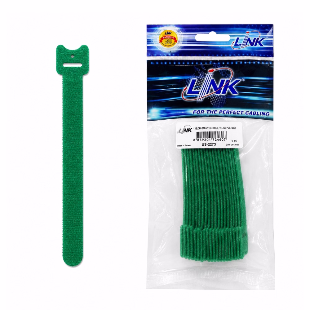 link-velcro-strap-10x100mm-green-us2273-1 ซองบรรจุภัณฑ์สายรัดตีนตุ๊กแก LINK Velcro Strap ขนาด 10x100 มม. สีเขียว แพ็ค 20 ชิ้น รุ่น US-2273