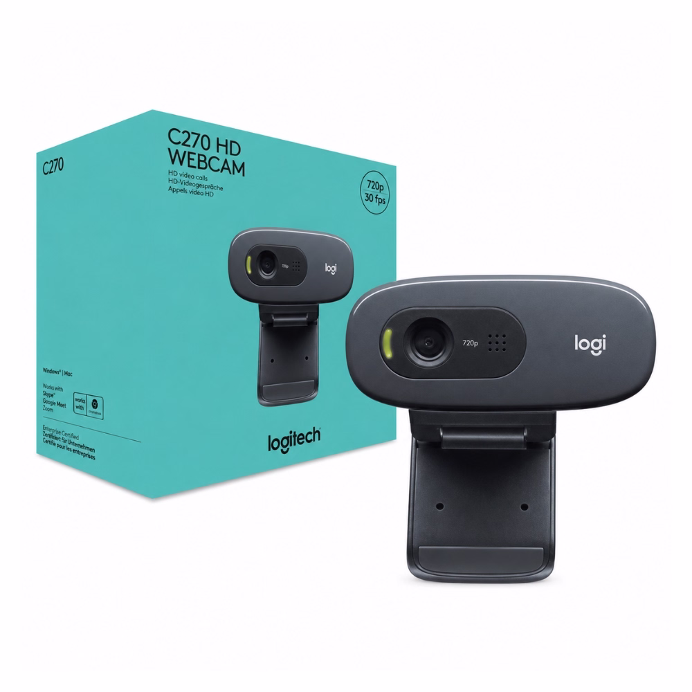 logitech-c270-hd-webcam-black-1 กล้องเว็บแคม Logitech C270 HD 720p สีดำ วางคู่กับกล่องบรรจุภัณฑ์ HD Video Calls 30fps