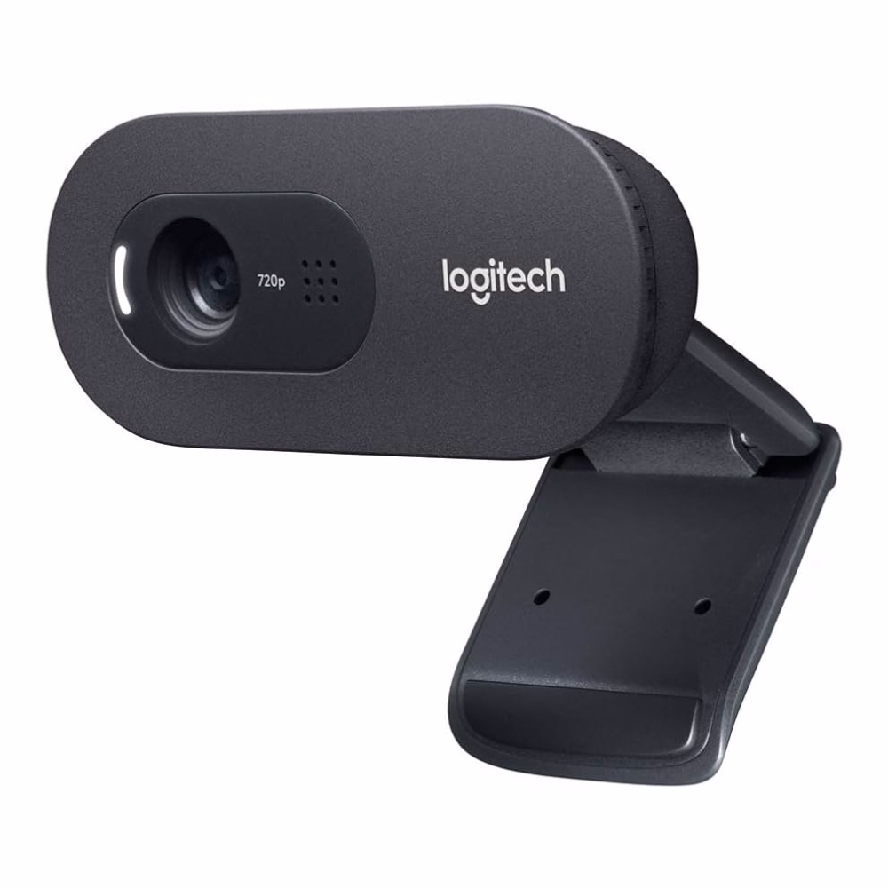 กล้องเว็บแคม Logitech C270 HD สีดำ แสดงเลนส์ 720p ไมโครโฟน ไฟแสดงสถานะ และขาหนีบอเนกประสงค์