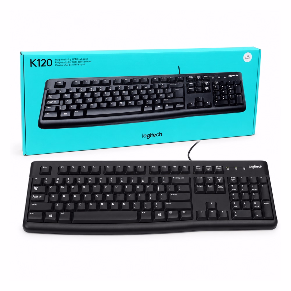 logitech-k120-usb-keyboard-black-1 คีย์บอร์ดแบบมีสาย USB Logitech K120 สีดำ วางคู่กับกล่องบรรจุภัณฑ์ Plug-and-Play USB Keyboard