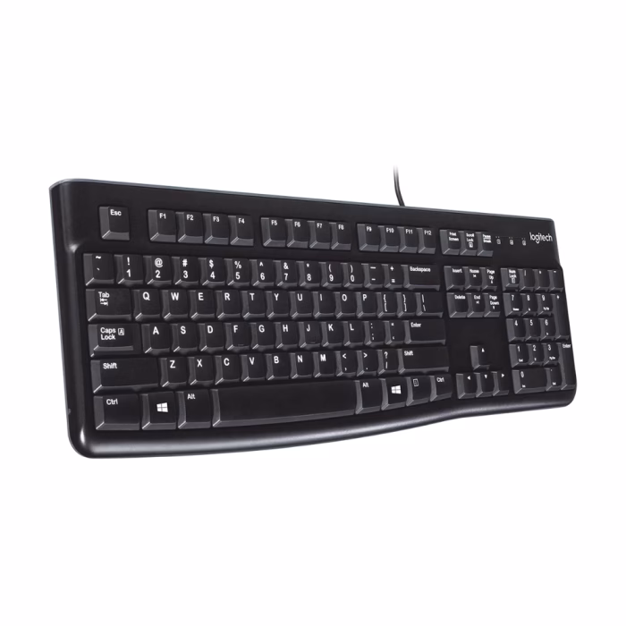คีย์บอร์ด Logitech K120 สีดำ มุมมองสามมิติเฉียง แสดงปุ่มกดแบบเตี้ย Low-profile และดีไซน์บางเพรียว