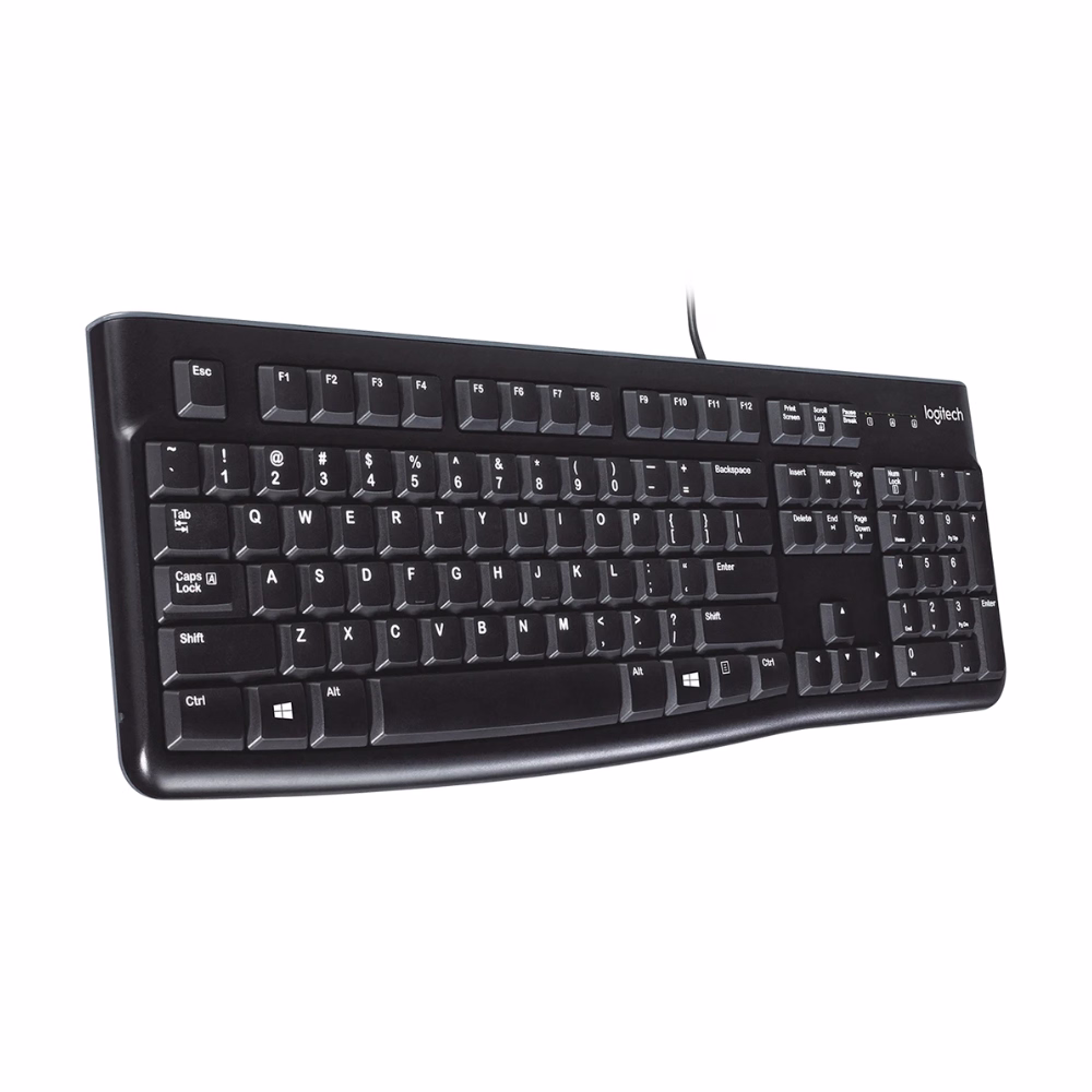 คีย์บอร์ด Logitech K120 สีดำ มุมมองสามมิติเฉียง แสดงปุ่มกดแบบเตี้ย Low-profile และดีไซน์บางเพรียว