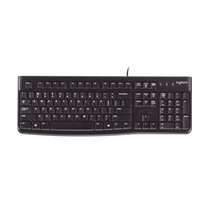 คีย์บอร์ดแบบมีสาย Logitech K120 สีดำ มุมมองด้านบนตรง แสดงเลย์เอาต์แป้นพิมพ์ขนาด Full-size และแป้นตัวเลข