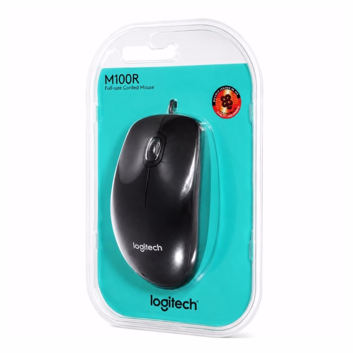 แพ็กเกจบรรจุภัณฑ์เมาส์มีสาย Logitech M100r Full-size Corded Mouse สีดำ โทนสีเขียวอมฟ้า