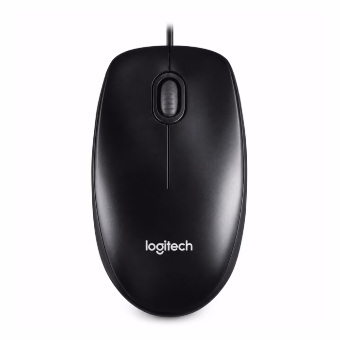 เมาส์แบบมีสาย Logitech M100r สีดำ มุมมองด้านบนตรง แสดงรูปทรงสมมาตรและปุ่มลูกกลิ้ง Scroll Wheel
