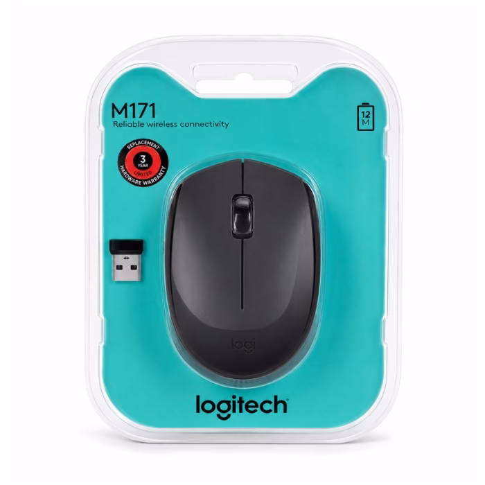 แพ็กเกจบรรจุภัณฑ์เมาส์ไร้สาย Logitech M171 สีเทา-ดำ แผงพลาสติกใสโทนสีเขียวอมฟ้า พร้อมสัญลักษณ์รับประกัน 3 ปี