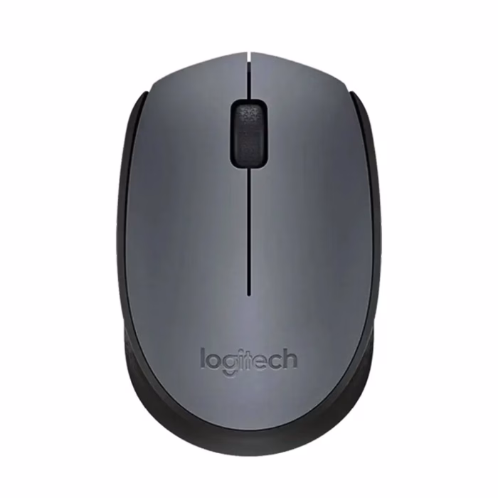 เมาส์ไร้สาย Logitech M171 สีเทา-ดำ มุมมองด้านบนตรง แสดงดีไซน์ทูโทน รูปทรงสมมาตร และลูกกลิ้ง Scroll Wheel