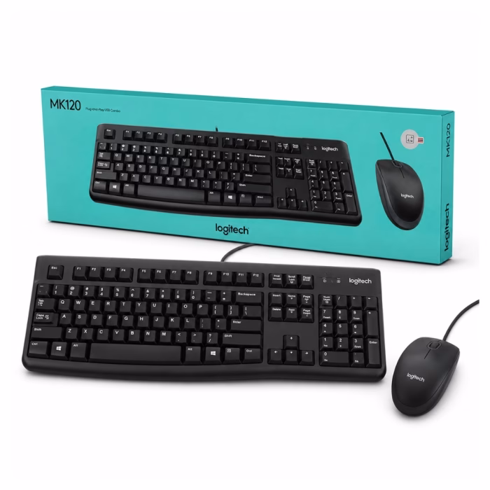 logitech-mk120-usb-combo-black-1 ชุดคีย์บอร์ดและเมาส์แบบมีสาย USB Logitech MK120 สีดำ วางคู่กับกล่องบรรจุภัณฑ์ Plug-and-Play Combo