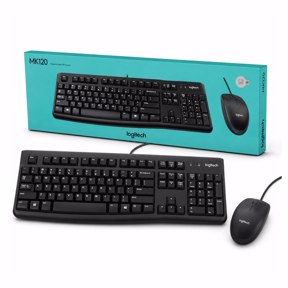 logitech-mk120-usb-combo-black-1 ชุดคีย์บอร์ดและเมาส์แบบมีสาย USB Logitech MK120 สีดำ วางคู่กับกล่องบรรจุภัณฑ์ Plug-and-Play Combo